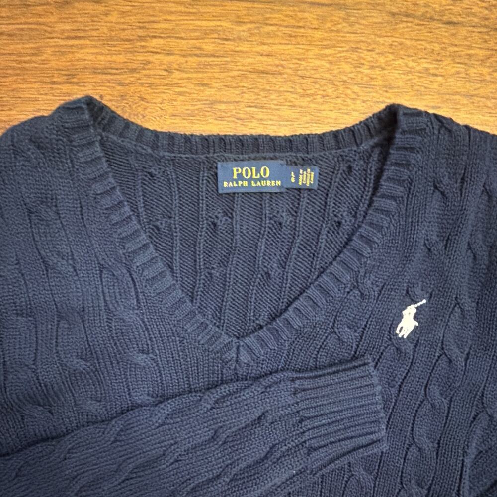 Polo Ralph Lauren Cable Knit Fisherman V-Neck Women L Preppy Luxury Office Logo